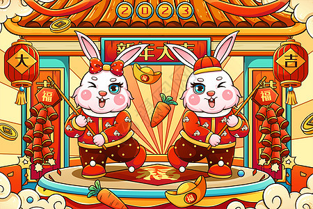 喜庆2023癸卯兔年拿鞭炮兔子迎新年春节插画背景图片