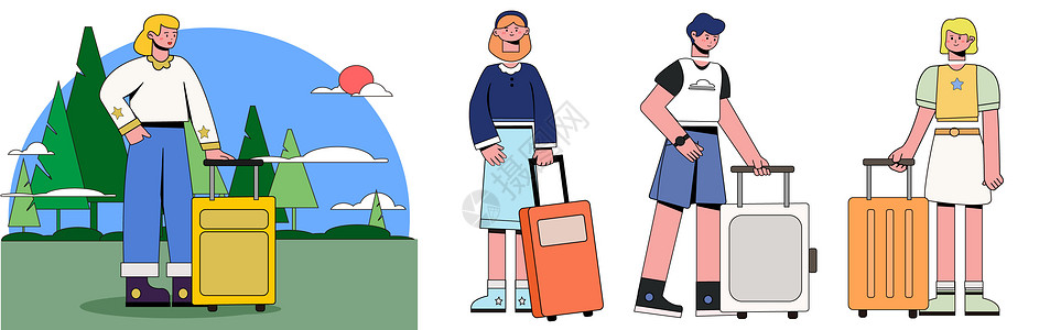 淡雅色站姿野外森林人物携带行李箱旅游SVG插画图片
