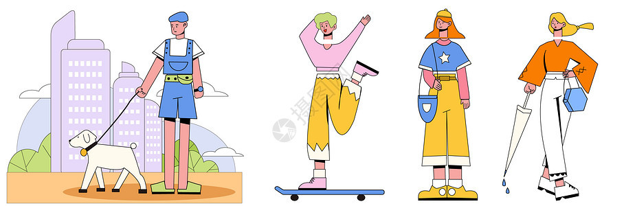淡彩色城市街道遛狗滑板拿伞逛街人物生活SVG插画图片