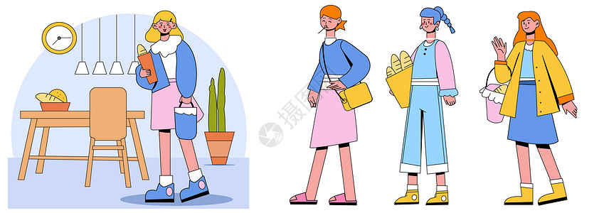 淡彩色面包店门口面包互动人物生活SVG插画图片