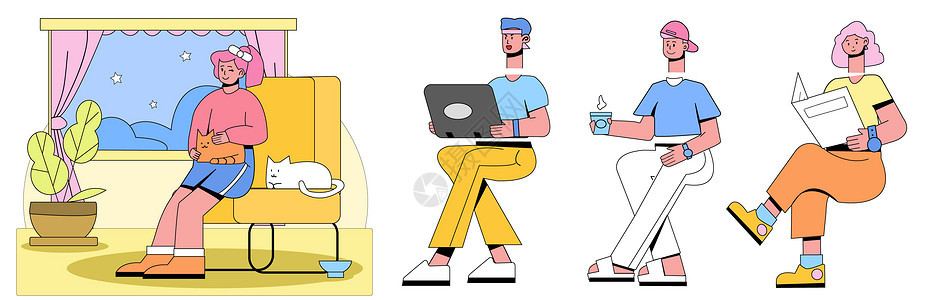 淡彩色室内坐姿撸猫办公喝水聊天生活SVG插画背景图片