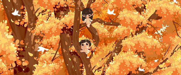 秋天秋季树林玩耍的小孩插画banner插画