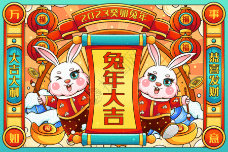 毛笔卡通喜庆2023癸卯兔年写对联拿毛笔兔子春节新年插画gif动图高清图片