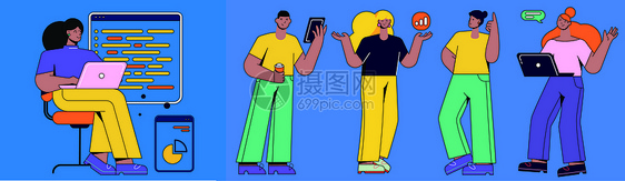 黄蓝色搞怪使用电脑手机做数据的人物图片