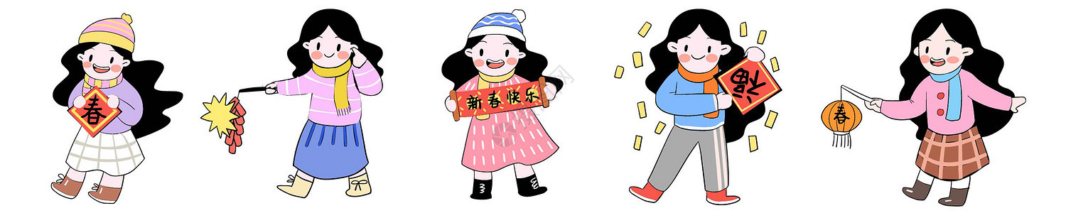 春节卡通女孩放鞭炮贴福字插画元素图片