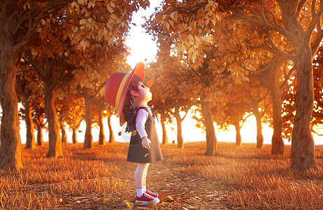 秋日气球女孩创意摄影插画唯美秋天女孩赏落叶场景设计图片