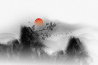 大气红日松树中国水墨背景图片