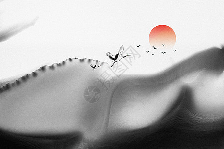 大气红日飞鹤山水中国水墨背景背景图片