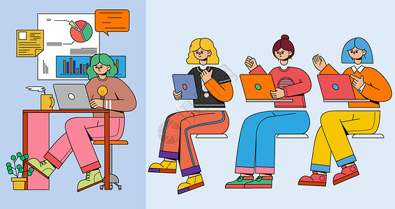 撞色扁平人物场景坐着用电脑分析数据办公女孩SVG拆分插画图片