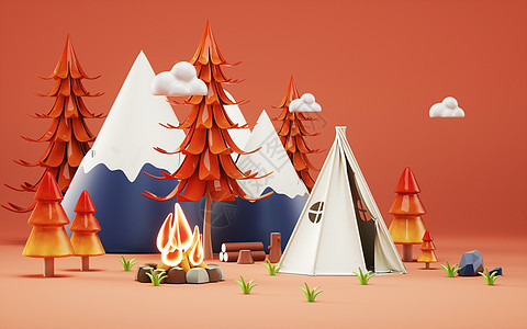 秋季旅游3D森林露营场景设计图片
