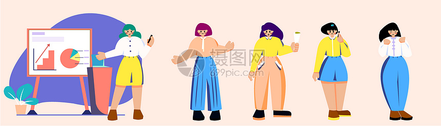 暖色扁平风人物场景商务SVG插画图片