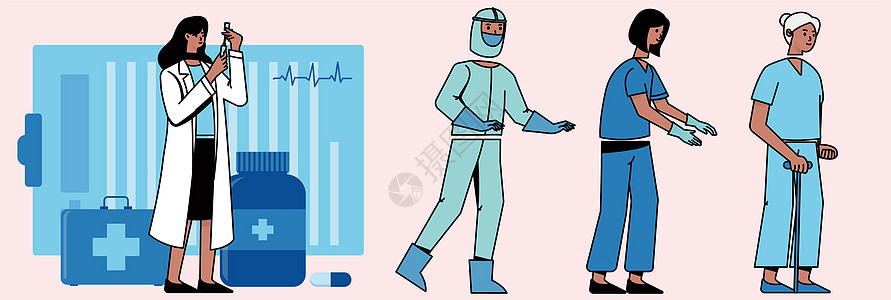 蓝色医生穿白大褂防护服拿试剂瓶病人SVG插画图片