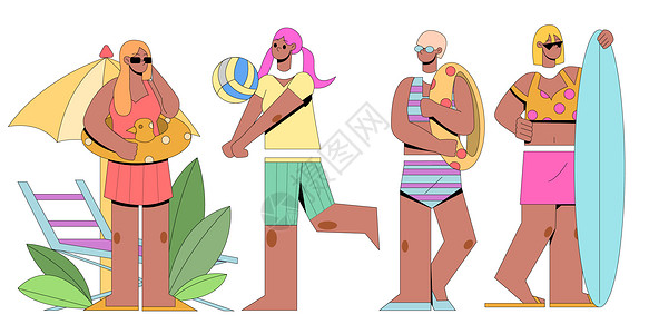扁平风人物之沙滩游泳人物组件插画插画
