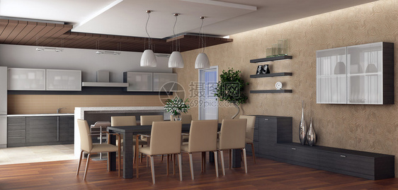 3d渲染温馨的厨房和宽敞的餐厅图片