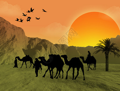 日落背景下有骆驼剪影的贝都因人图片