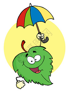带伞卡通人物的快乐绿叶背景图片