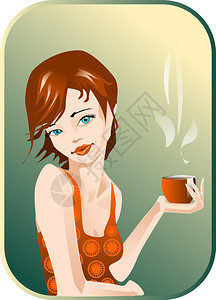 一个女人端着一杯咖啡的插图图片