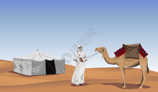 背景插图与贝都因人和骆驼图片