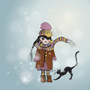雪域背景与年轻女孩和她的宠物图片