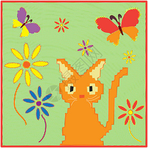 带有小猫蝴蝶和花朵的幼稚卡图片