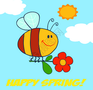 快乐的蜜蜂飞翔与天空鲜花快乐的春天图片
