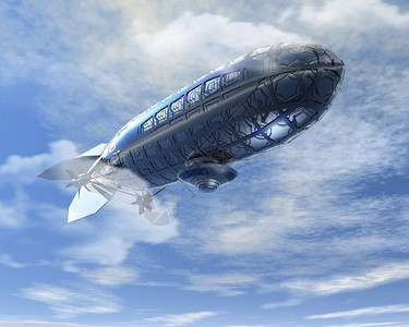 3d未来气球或飞艇在明亮的蓝云覆背景图片