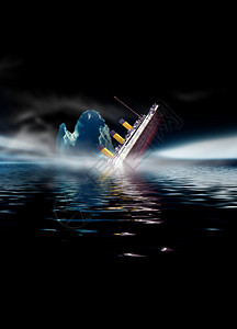 泰坦尼克号巡洋舰在晚间水中沉没雾低图片