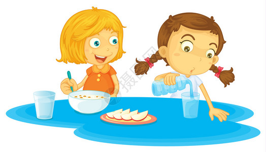 两个女孩吃早餐的插图图片