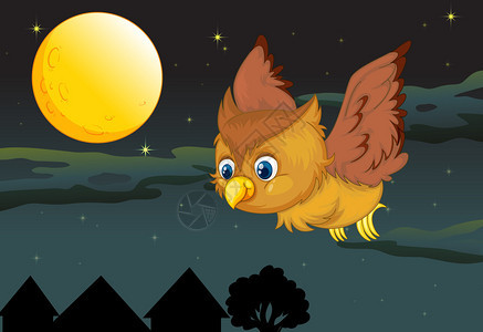 在漆黑的夜晚飞翔的猫头鹰和满月的插图图片