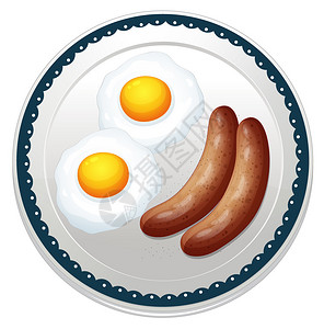 盘子鸡蛋白色背景上的鸡蛋煎卷和香肠的插图插画