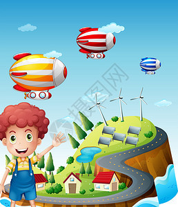村里的飞艇插图背景图片