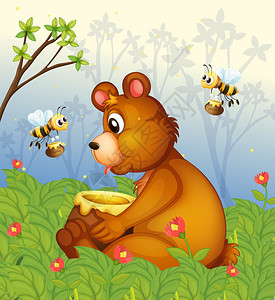 说明在森林中部的熊和蜂蜜罐子的图片