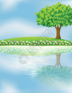 河边一棵大树的插图图片