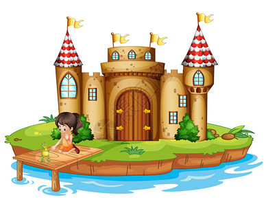 说明一个女孩和青蛙坐在城堡前白色背图片