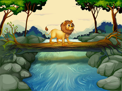 一头狮子过河的插图图片