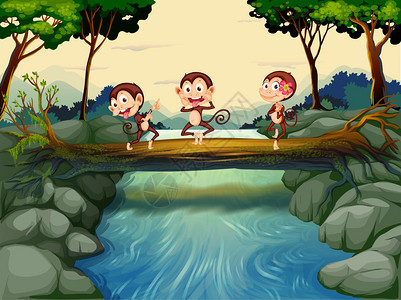 三只猴子过河的插图图片