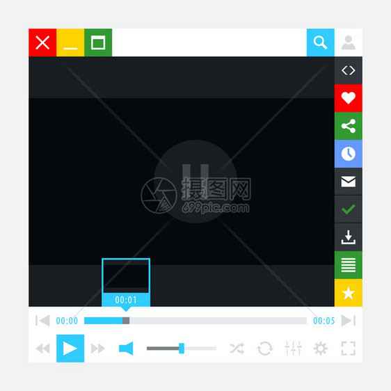 媒体播放器与视频加载栏和额外电影按钮接口简单纯固的纯一色平板瓷砖新的现代最低地铁可爱风格矢量插图网页设计元图片