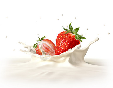 两根草莓掉进牛奶里形成一顶皇冠的花朵背景图片