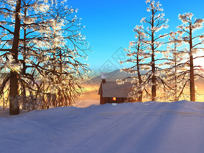 温暖的光芒从寒冬风景中的小屋窗图片