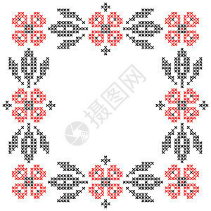 乌克兰传统民族风格的交叉丝雀刺绣花框红黑背景图片