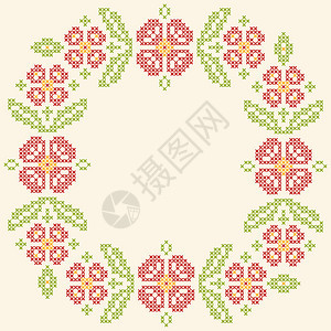 乌克兰传统民族风格的交叉丝雀刺绣花框红色和绿色背景图片
