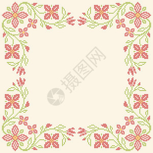 乌克兰传统民族风格的交叉丝雀刺绣花框红色和绿色背景图片