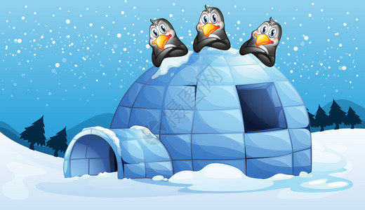 冰屋上方三只企鹅的插图图片
