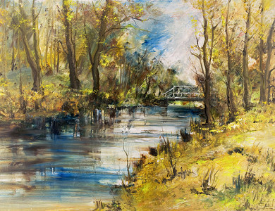 白桥过河油画艺术背景图片