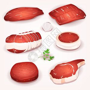 插图用牛排烤肉和切片配成的一组生牛图片