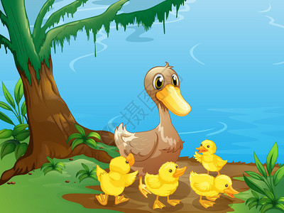 河岸上一只鸭子和她的小鸭子的插图图片
