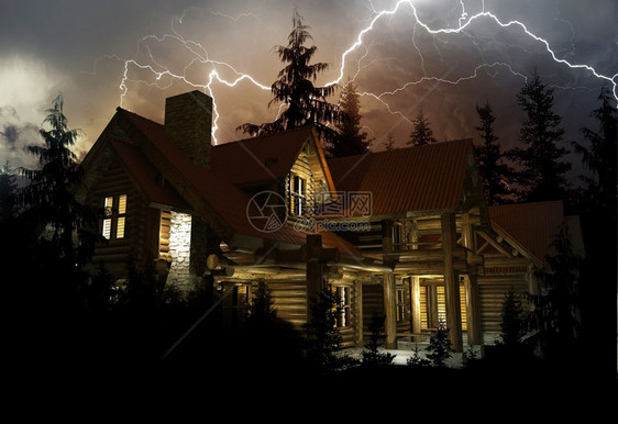 闪电家庭保护主题在重光风暴中森林中部的日志家园3DRende图片