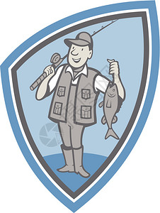 说明有一只苍蝇渔夫在护盾徽章内显示鱼的脂肪图片