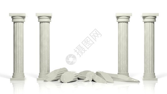 古老的大理石柱两根中间断裂的圆柱体在白背景图片
