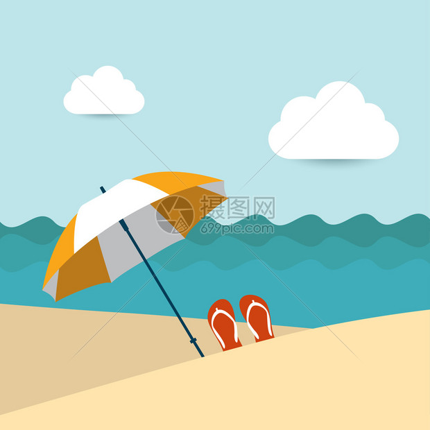 阳光明媚的海滩日热带岛屿上的红伞图片